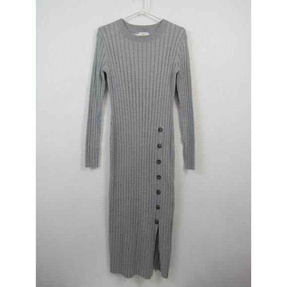 Open Edit Medium Gray Women's Button Sweater Midi Dress Bodycon Ribbed Knit - Picture 1 of 5
